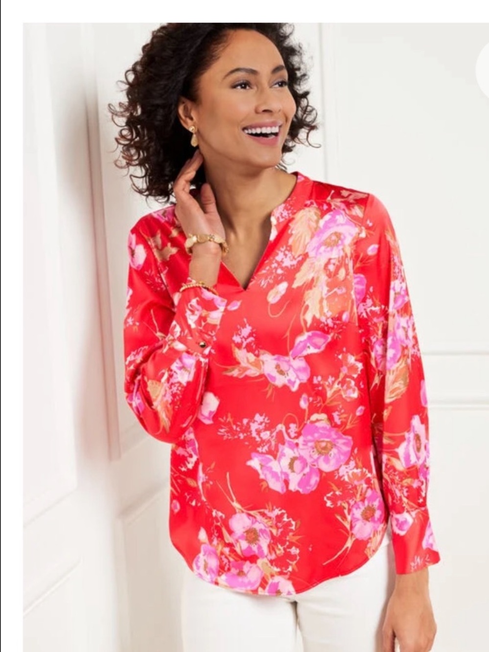 Talbots Floral V-Neck Long-Sleeve Blouse - Red Pink Size XLP